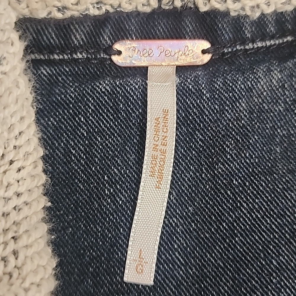Free People Vintage Distressed Indigo Denim Gray Sleeves Hooded Jacket Sz L - Picture 8 of 10